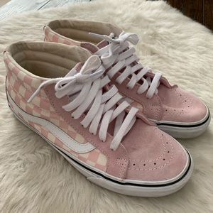 pink checkerboard high top vans